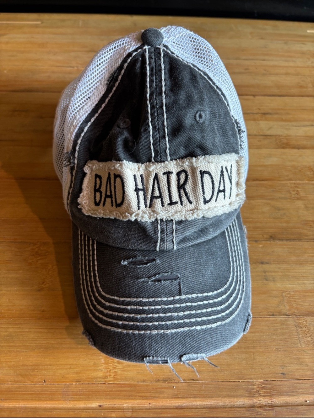 KBETHOS Black and White 'Bad Hair Day' Distressed Mesh Baseball Cap